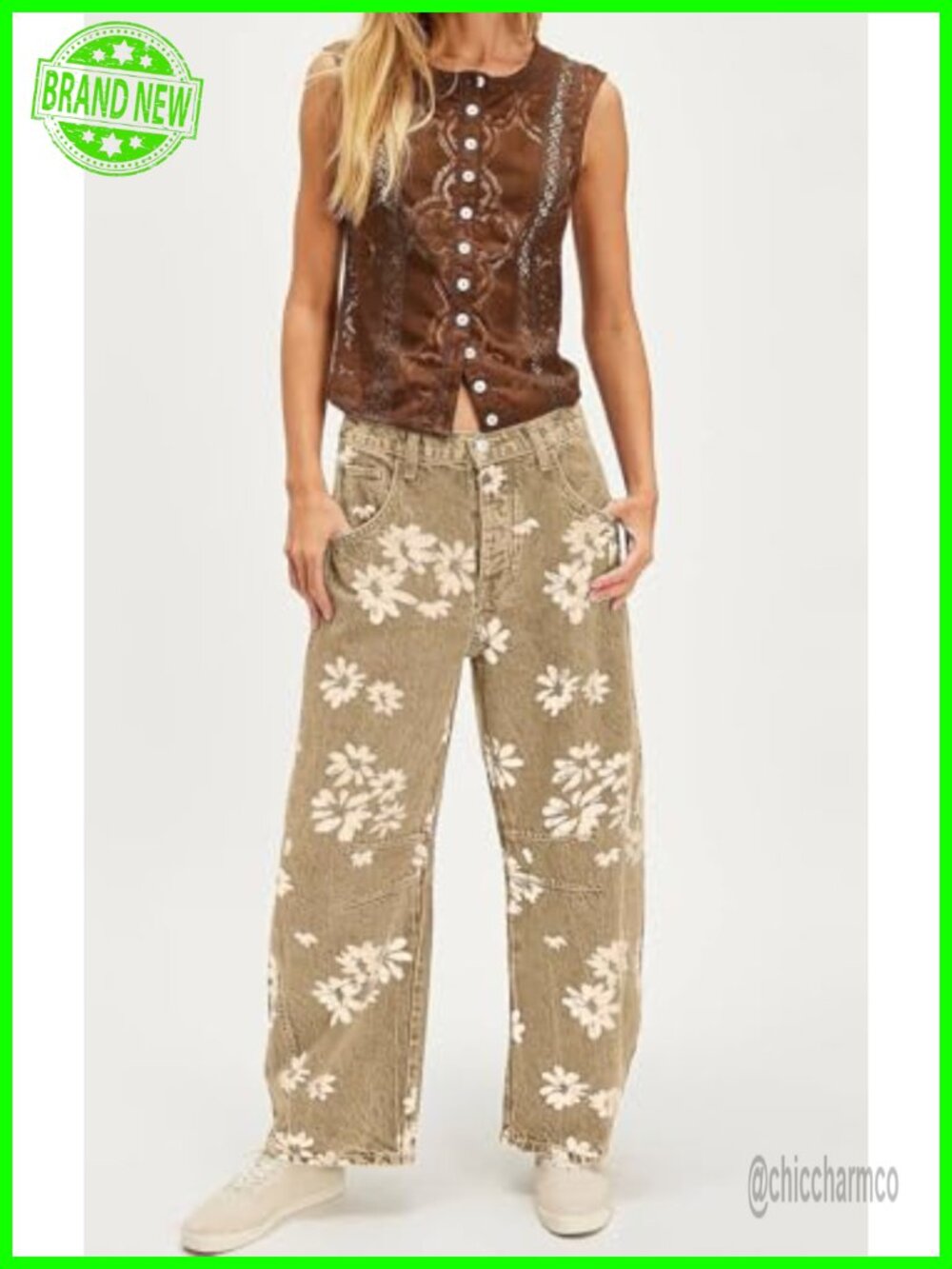 Y2k Distressed Barrel Jeans Floral Printed Patchwork Denim Pants - Picture 5 of 7